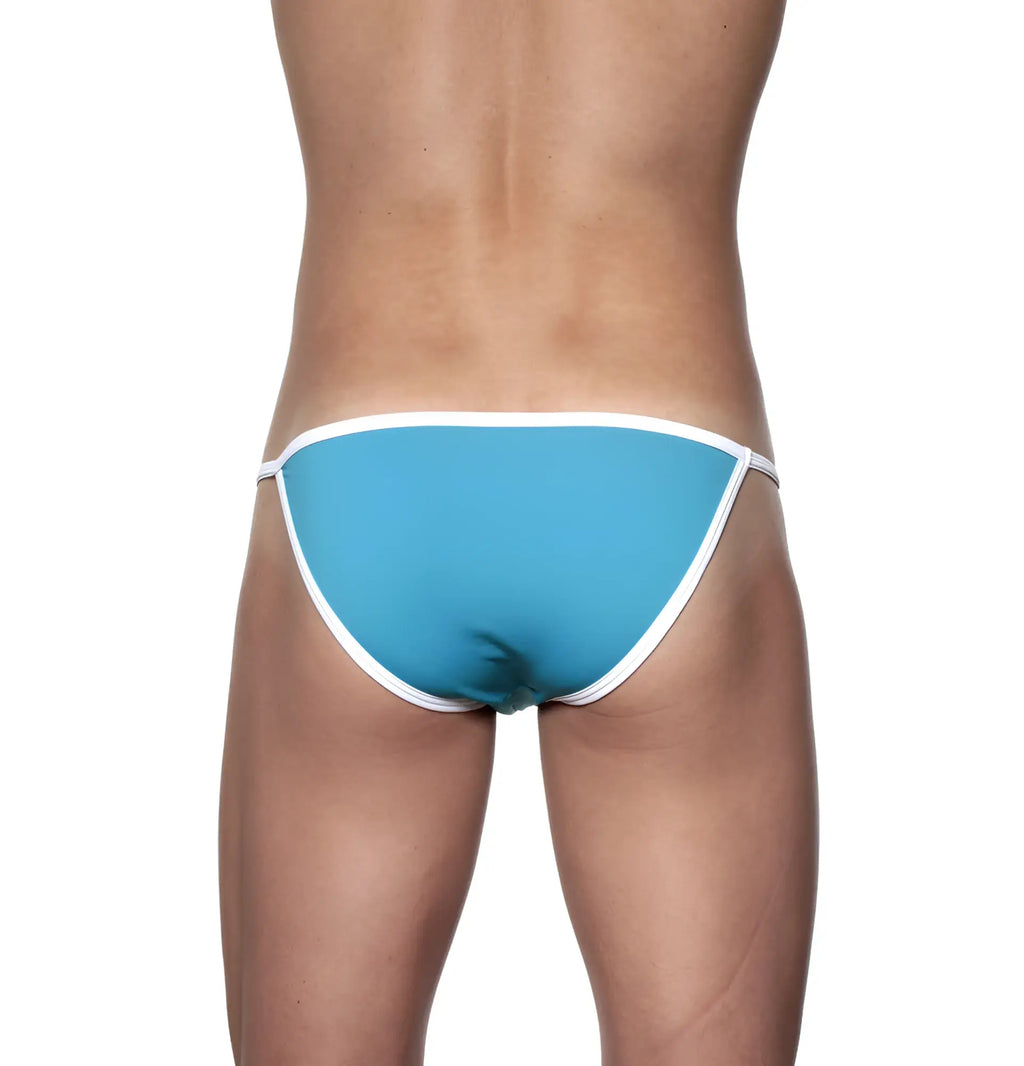 A turquoise blue groovin accent string bikini thong with white trim for swimwear and beachwear use
