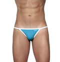 Blue and white groovin accent string bikini thong with minimalist design and solid cyan blue front panel with white trim