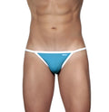 Blue and white groovin accent string bikini thong with minimalist design and solid cyan blue front panel with white trim