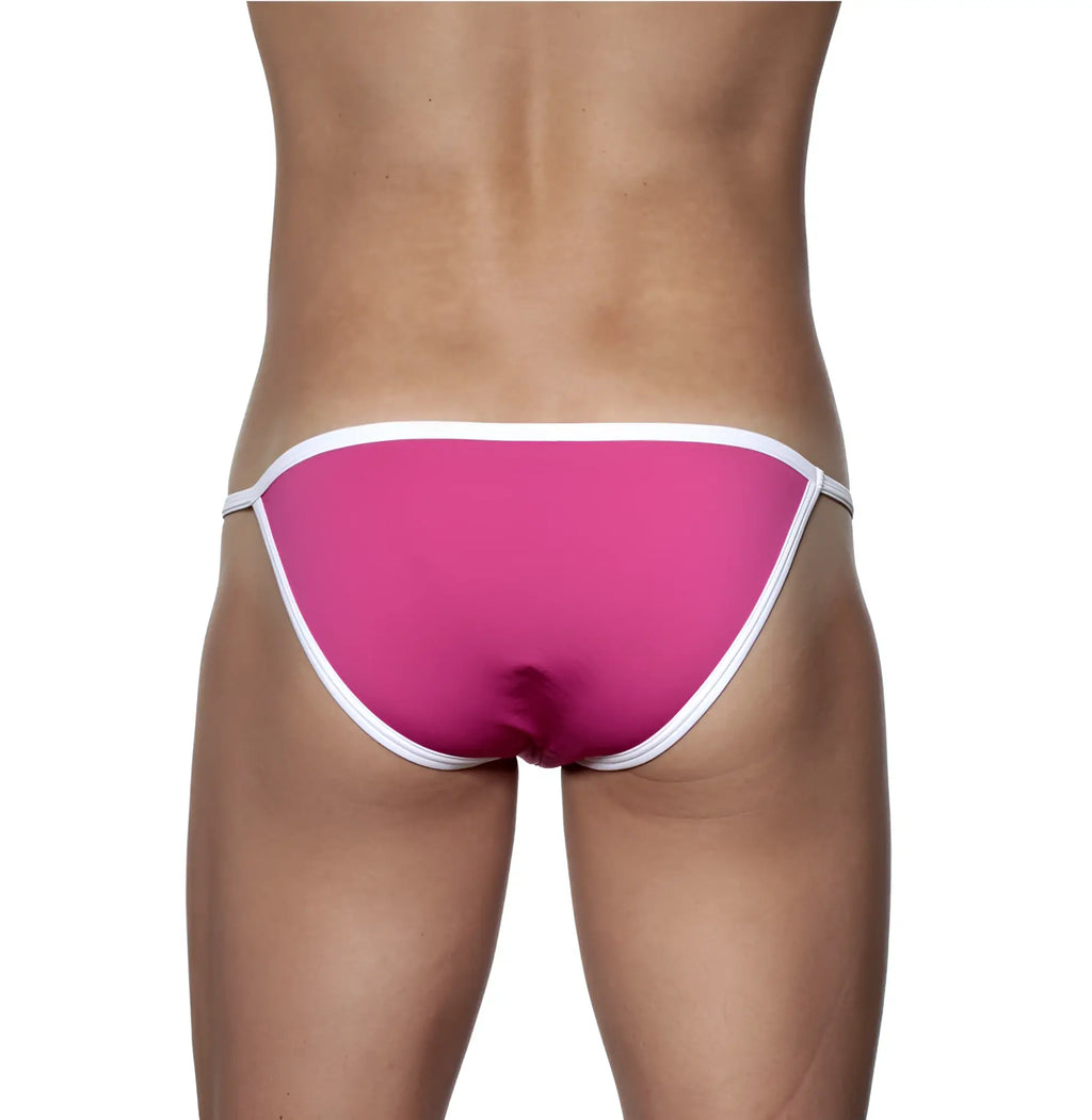 Groovin accent string bikini fuchsia pink bright pink swim trunks with white trim ideal for beachwear
