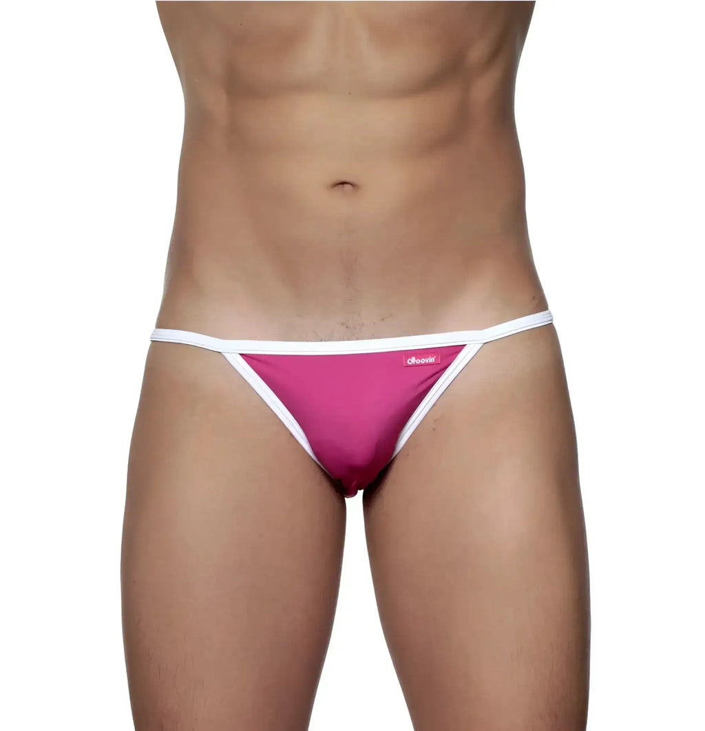 Fuchsia pink groovin accent string bikini thong with white trim and small side brand logo in microfiber fabric