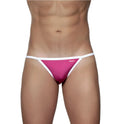 Fuchsia pink groovin accent string bikini thong with white trim and small side brand logo in microfiber fabric