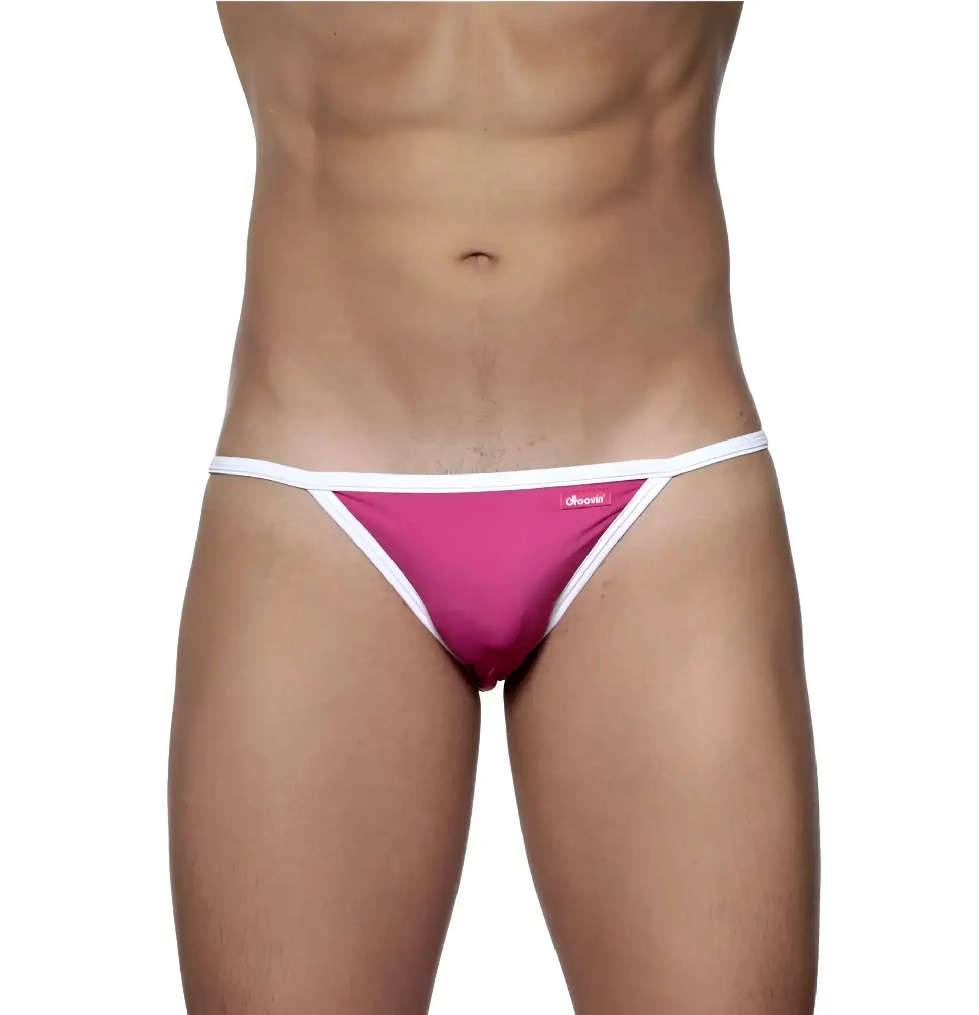 Fuchsia pink groovin accent string bikini thong with white trim and small side brand logo in microfiber fabric