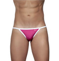 Fuchsia pink groovin accent string bikini thong with white trim and small side brand logo in microfiber fabric