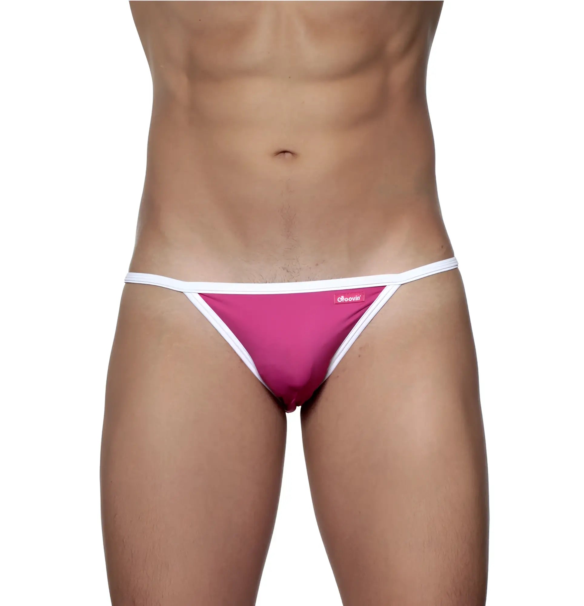 Fuchsia pink groovin accent string bikini thong with white trim and small side brand logo in microfiber fabric