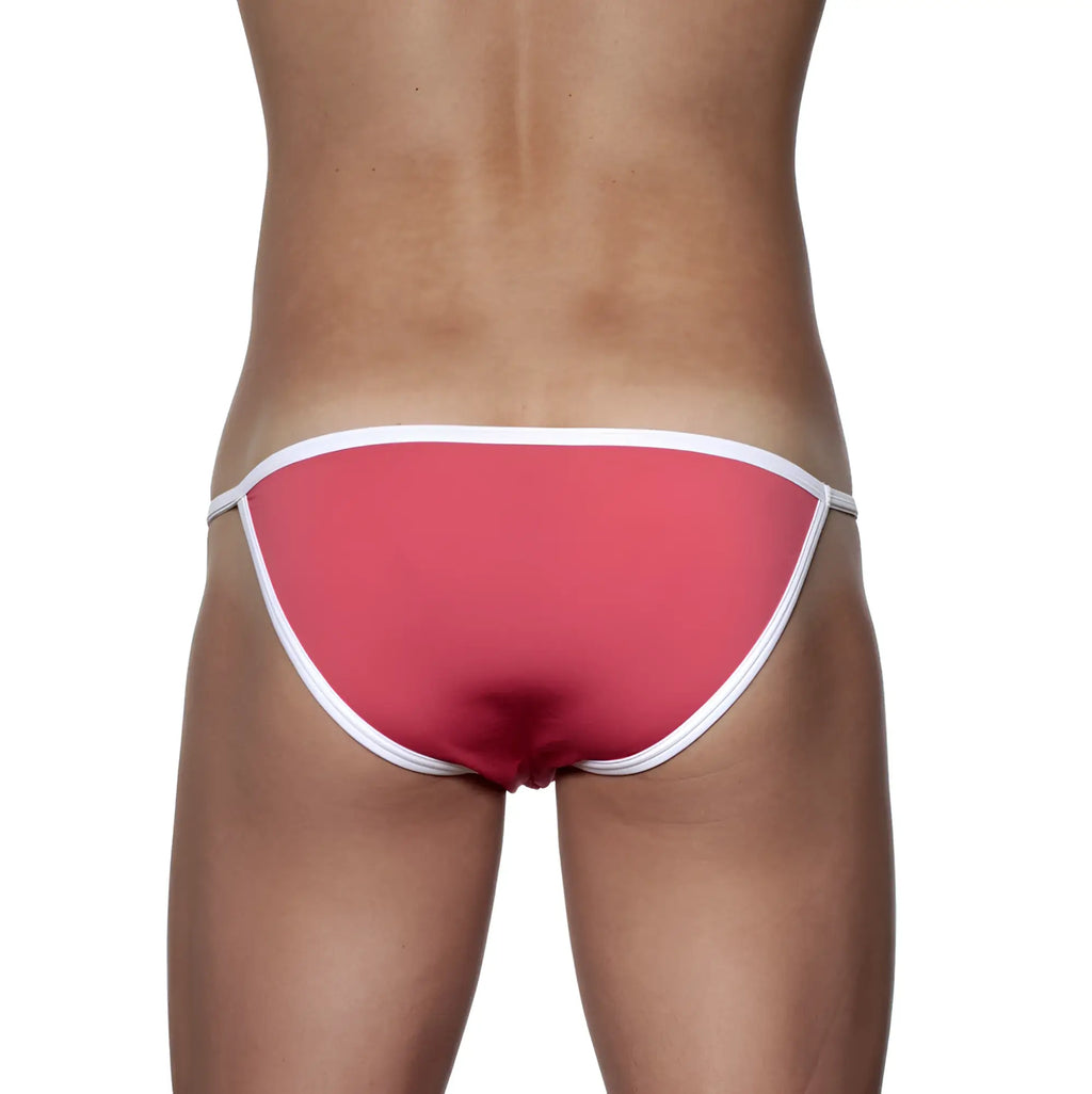Pink groovin accent string bikini rouge red swim trunks with white trim for beach and pool use