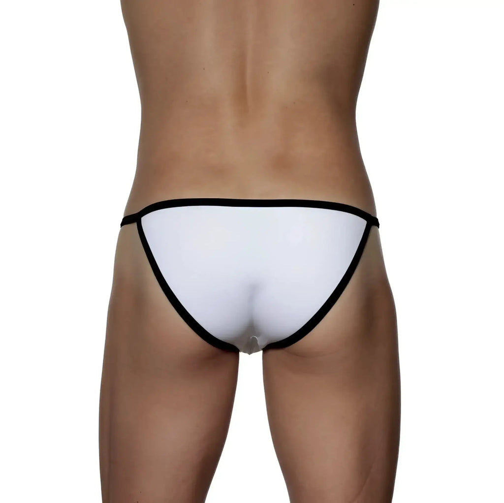 White thong string bikini with black trim showing the back side from the groovin accent collection