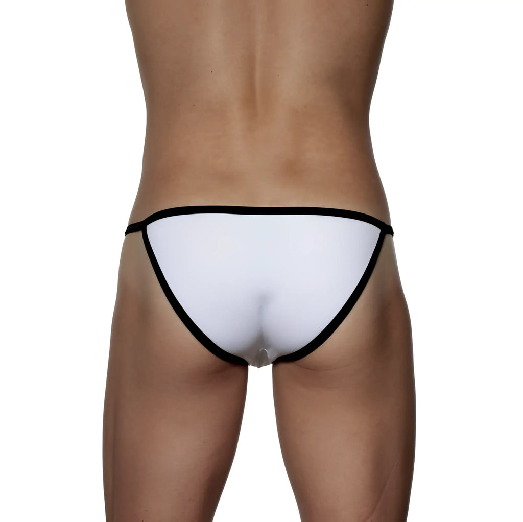 White thong string bikini with black trim showing the back side from the groovin accent collection