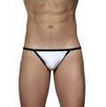 White thong with black trim and a small brand logo on the front from groovin accent string bikini st0401