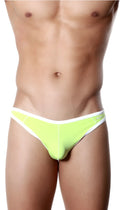 Bright neon green groovin underwear accent thong with white trim and subtle logo on the side front view