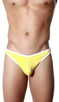 Bright yellow groovin underwear accent thong with white trim showing front side for comfortable wear
