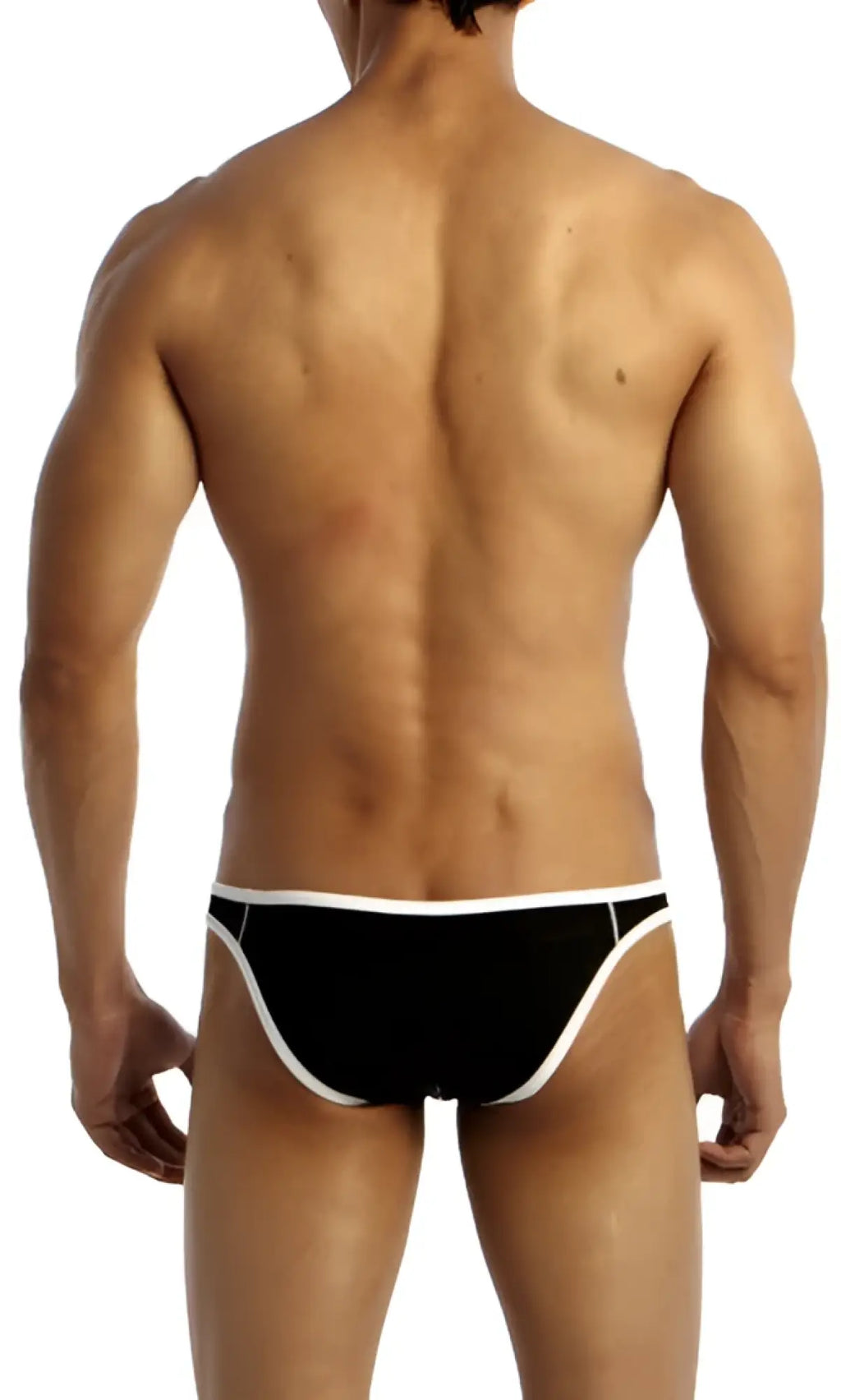 Black briefs with white trim groovin underwear accent v cut bikini in black shown from the front