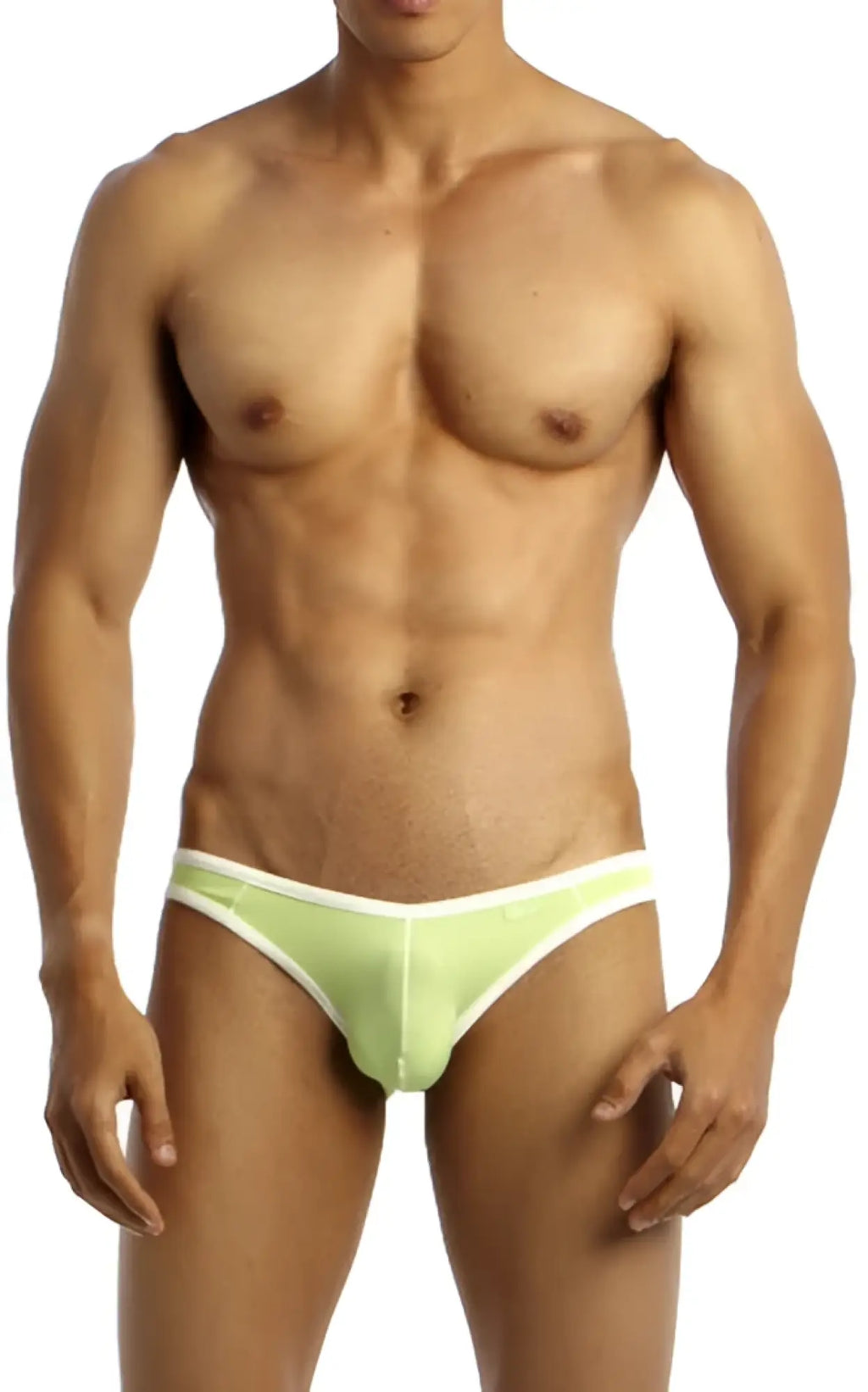 Light green form-fitting groovin underwear accent v-cut bikini briefs with white trim for comfortable wear