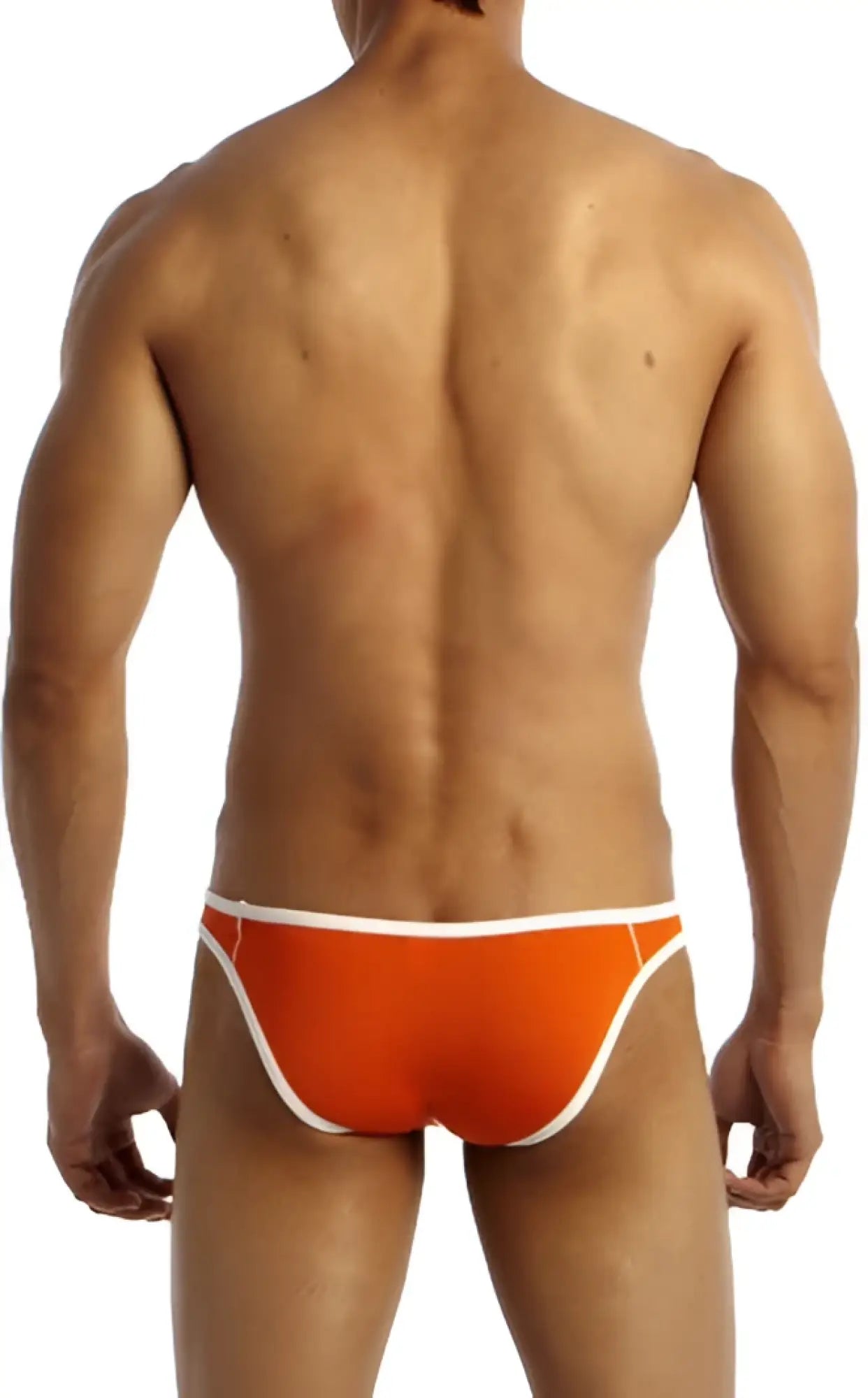 Bright orange groovin underwear accent v-cut bikini swim trunks with white trim for stylish beachwear