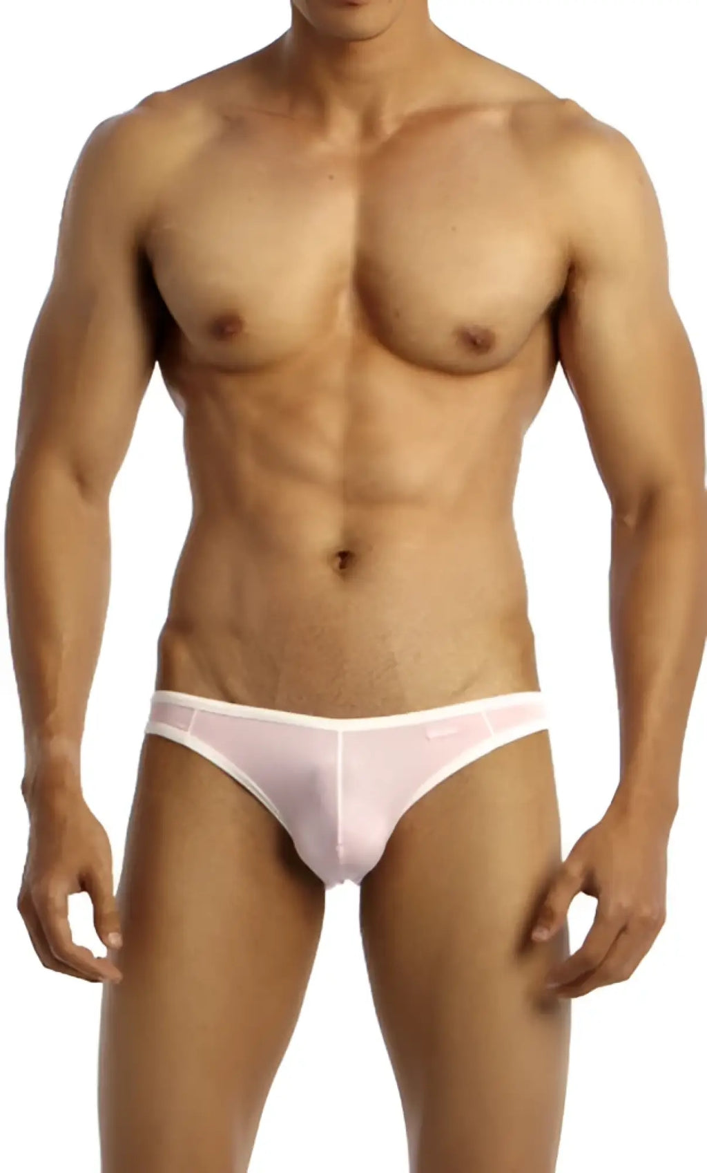A sleek light pink groovin underwear accent v cut bikini brief with smooth form fitting design and white waistband trim