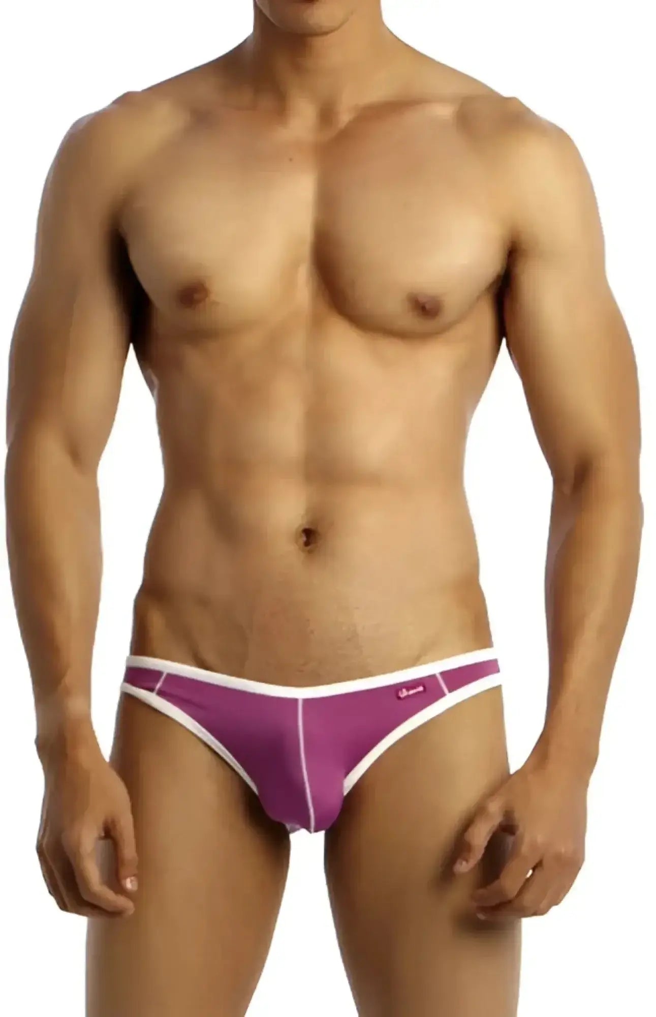 Purple and white groovin underwear accent v cut bikini briefs with a sleek form fitting athletic design