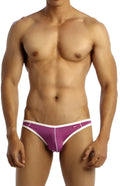 Purple and white groovin underwear accent v cut bikini briefs with a sleek form fitting athletic design