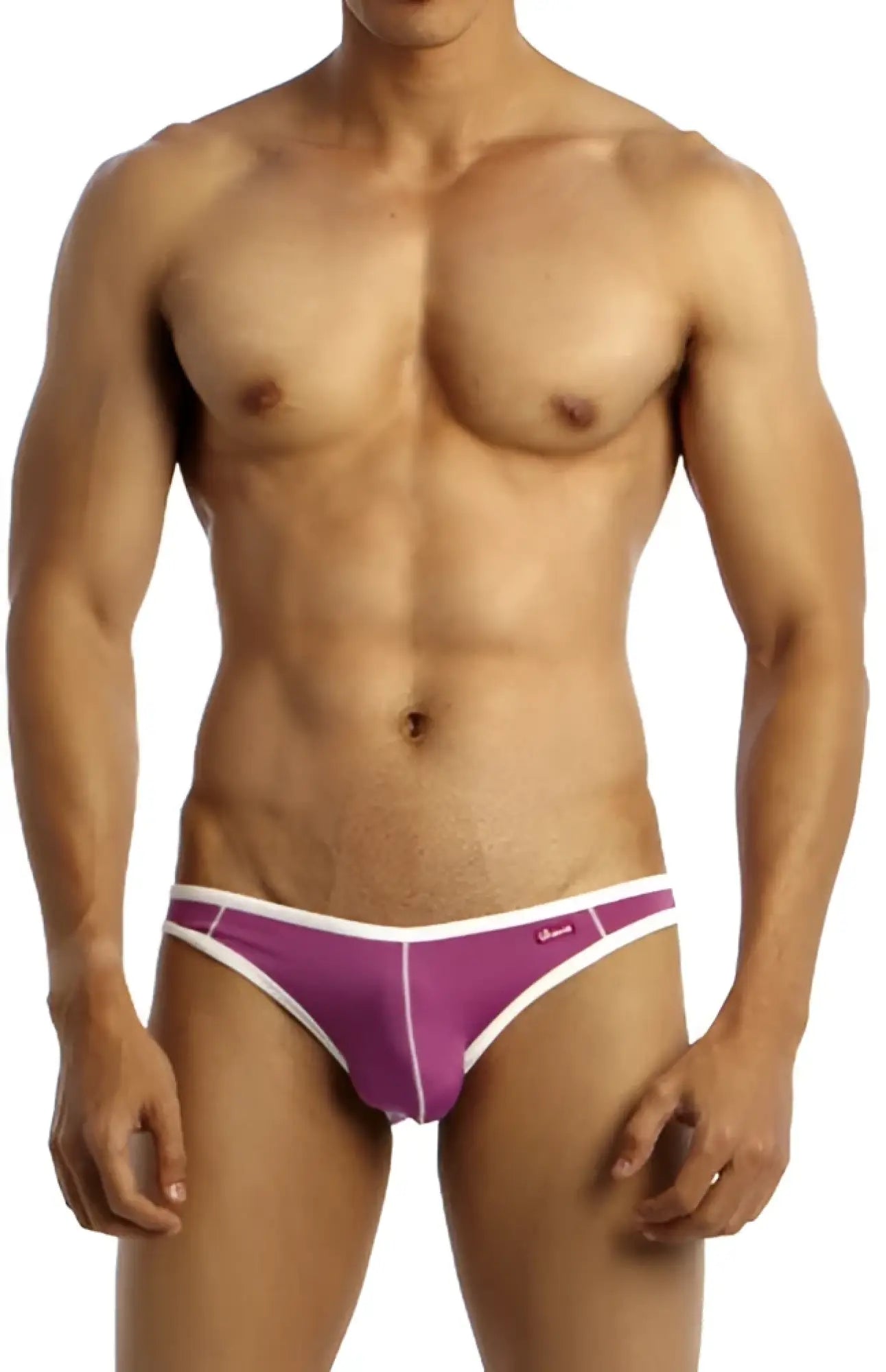 Purple and white groovin underwear accent v cut bikini briefs with a sleek form fitting athletic design