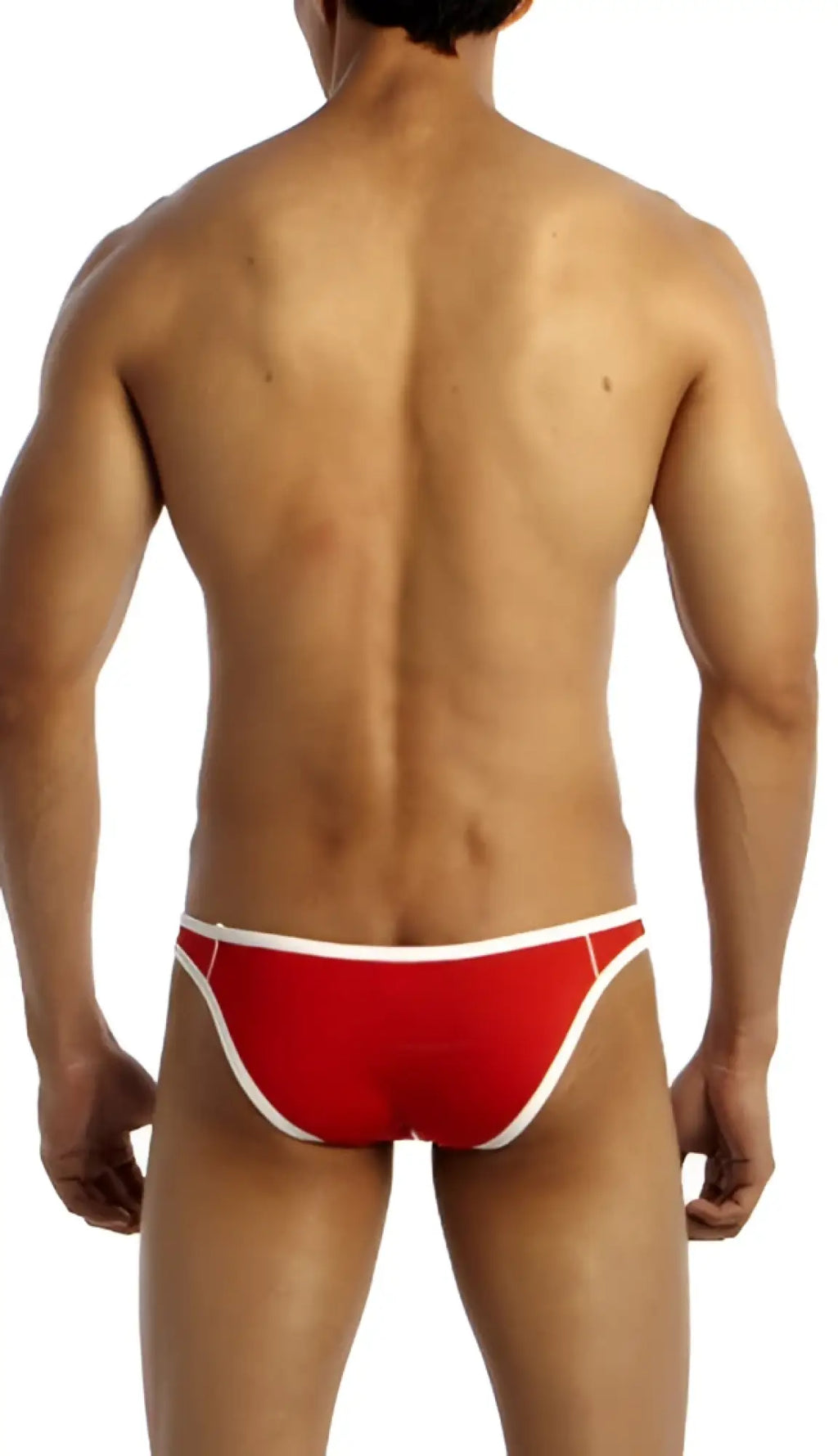 Red groovin underwear accent v cut bikini swim trunks with white trim designed for comfortable beachwear
