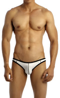 White briefs groovin underwear accent v-cut bikini with black trim and central seam in white color