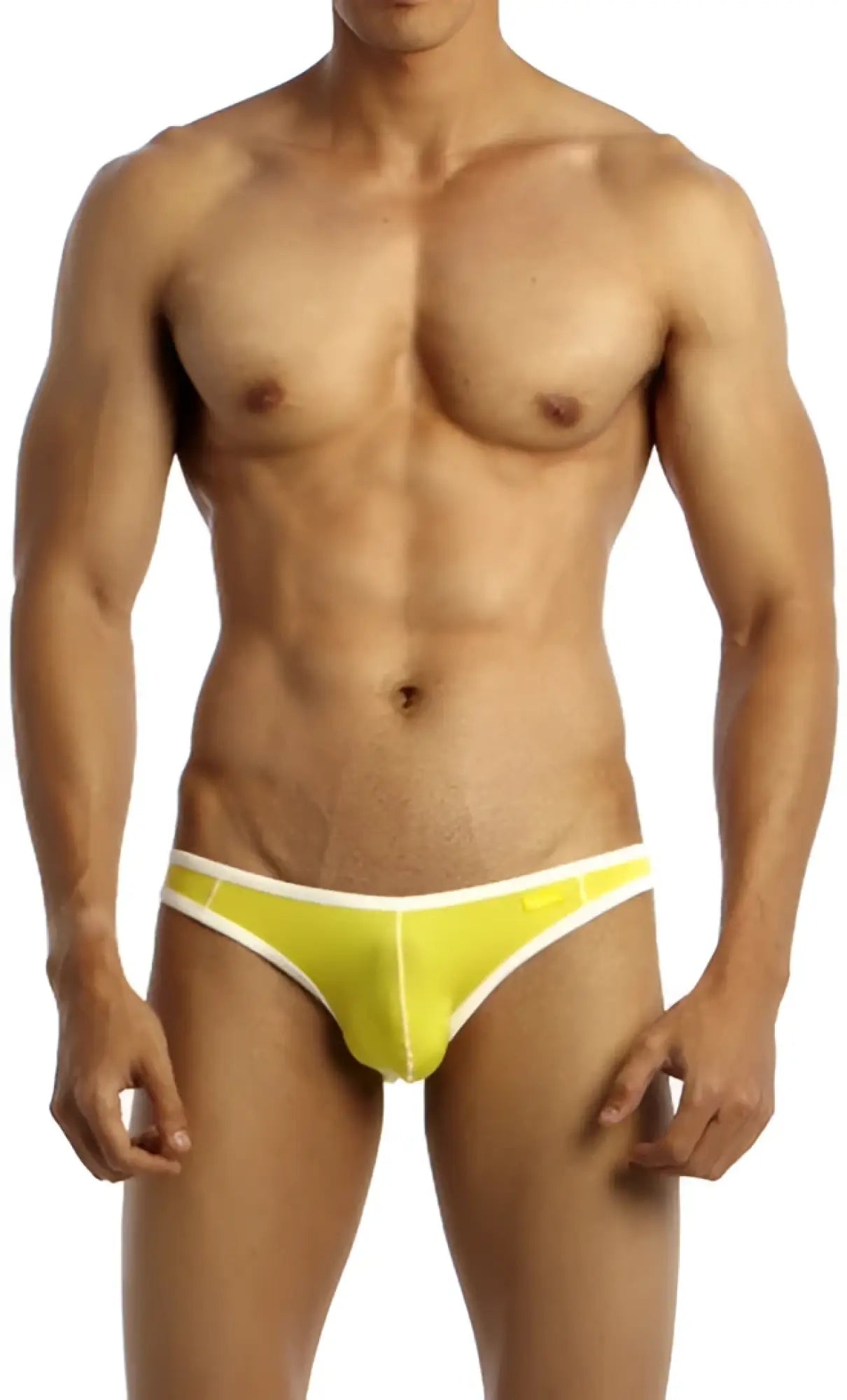 Bright yellow groovin underwear accent v cut bikini briefs with white trim in soft breathable fabric