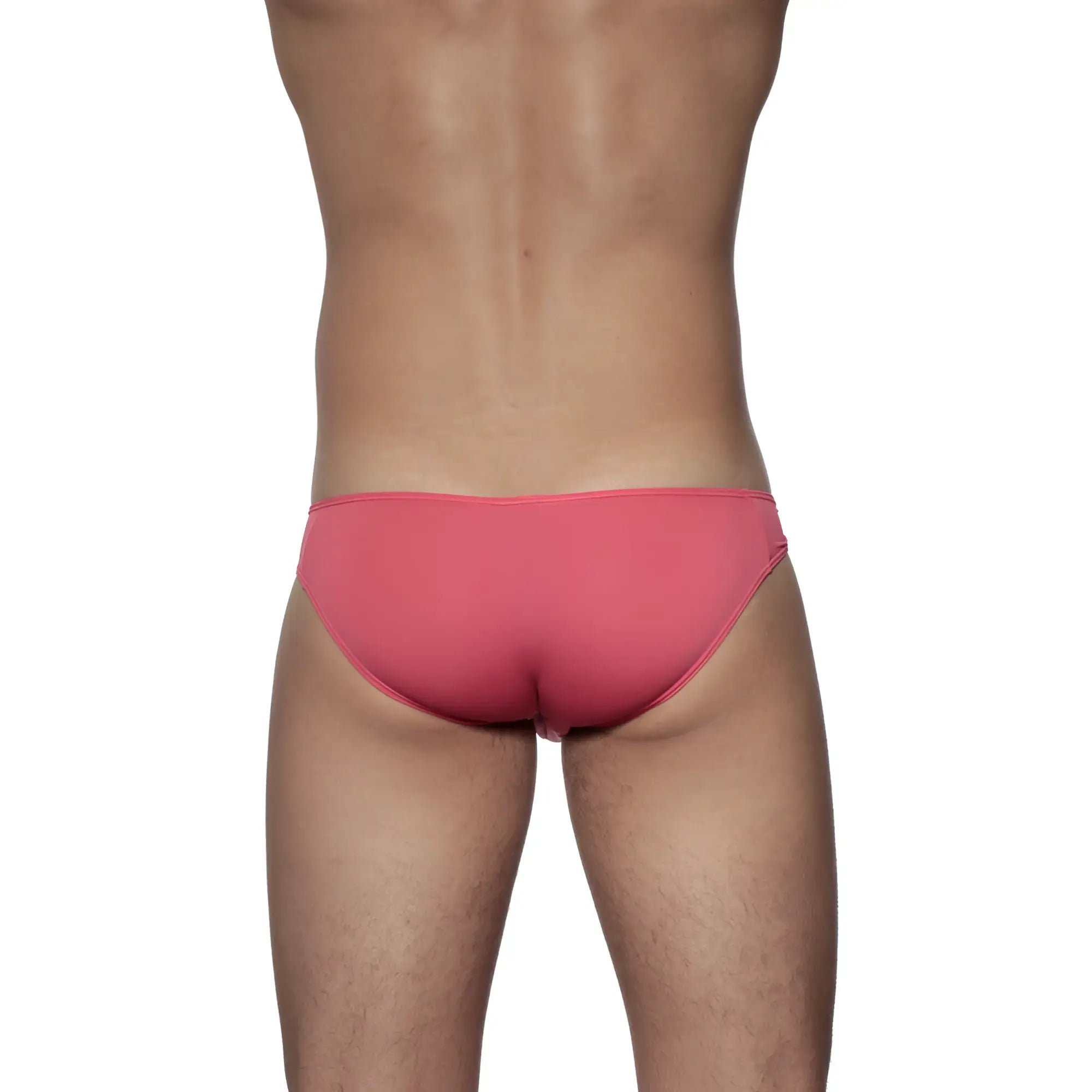 A sleek coral pink groovin underwear athletic v-cut bikini brief with smooth form-fitting fabric and minimalistic design