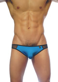 Blue metallic groovin underwear athletic v cut mesh brief with black mesh trim and gold logo on waistband