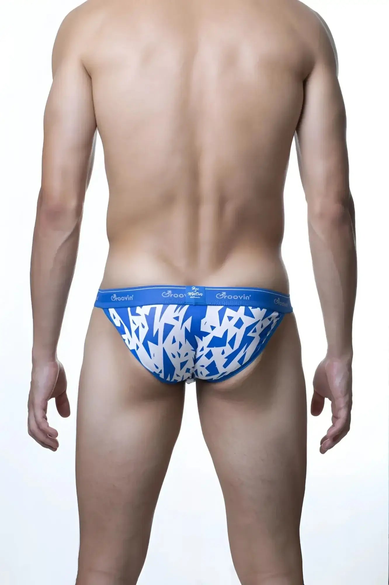 Blue and white patterned briefs featuring a bold geometric design from groovin underwear tanga bikini tgp1804