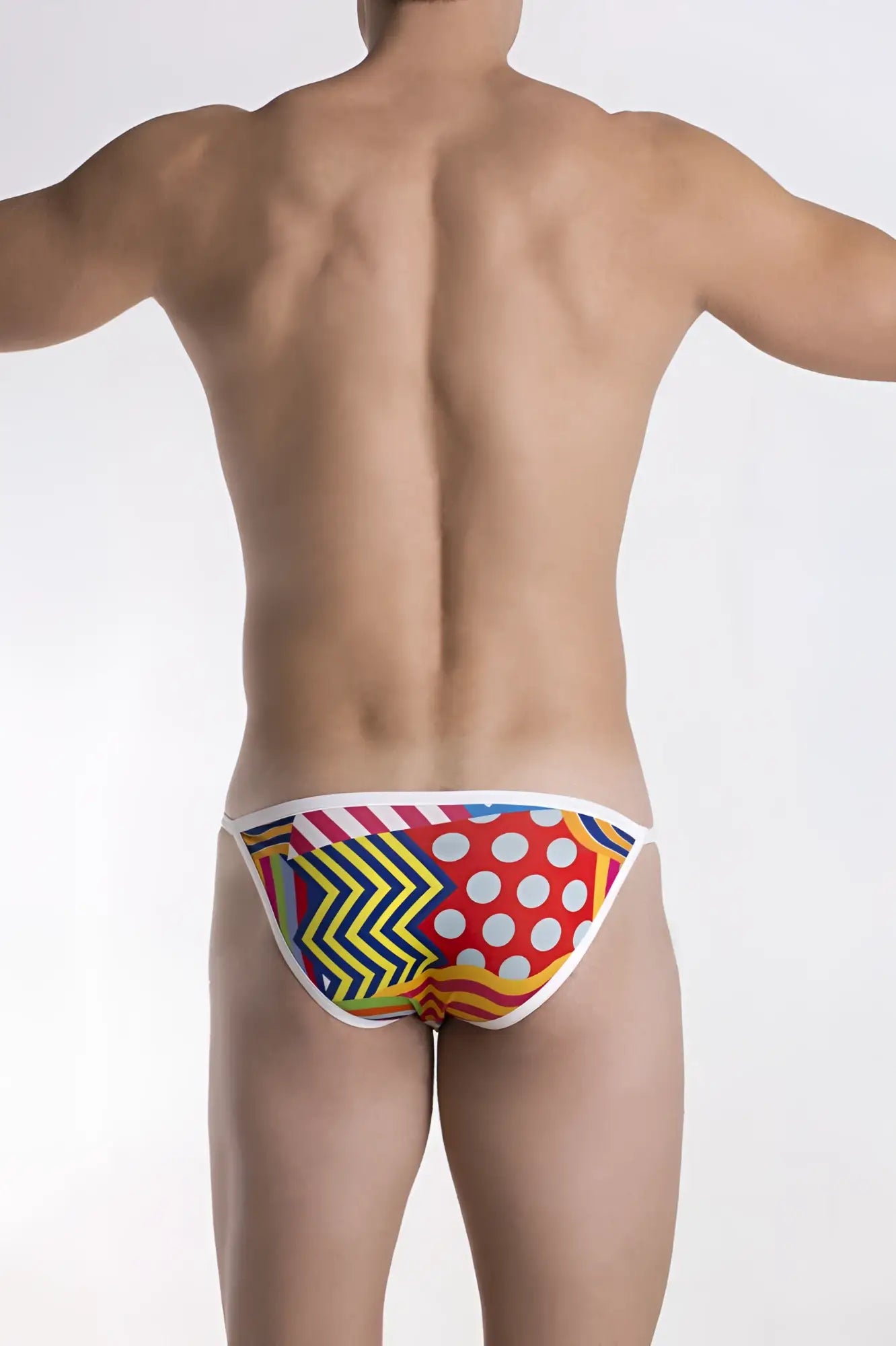 Groovin underwear pop art string bikini bk1702 vibrant swim trunks with bold red yellow blue geometric designs and white polka dots