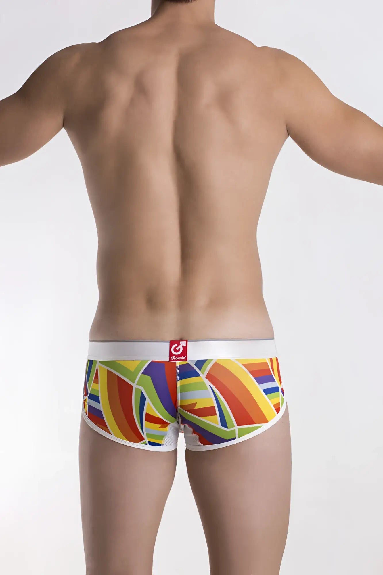 Vibrant rainbow-striped groovin underwear prism cup boxer briefs with white waistband and red logo in men’s style