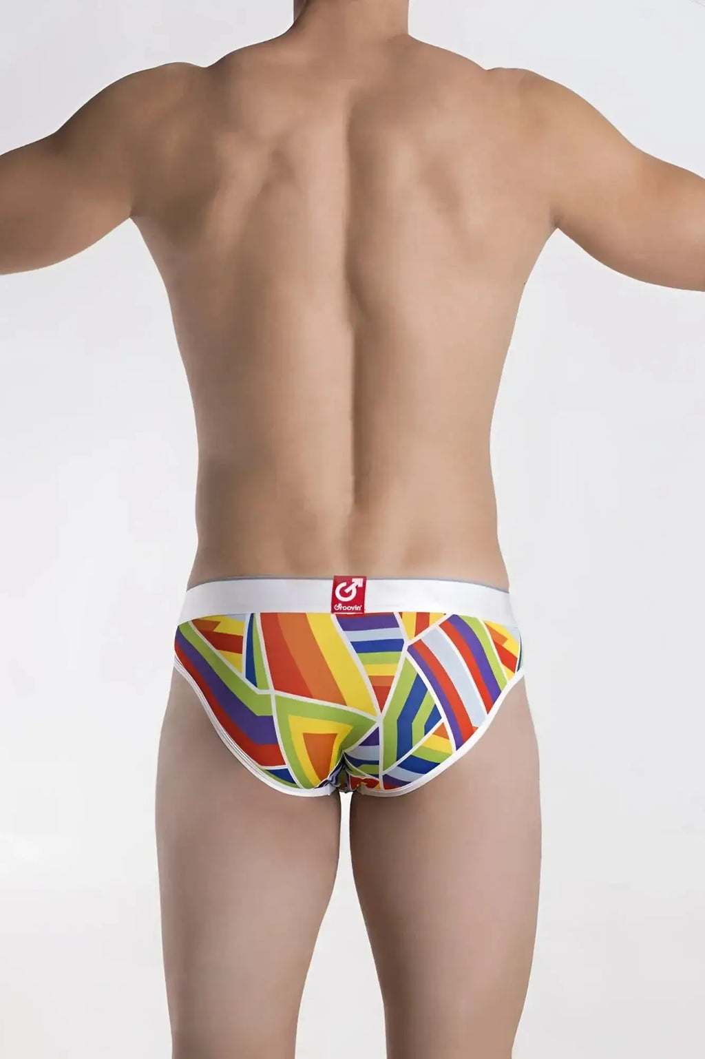 Groovin underwear prism hip brief BFP1701 vibrant rainbow geometric patterned briefs with white elastic waistband