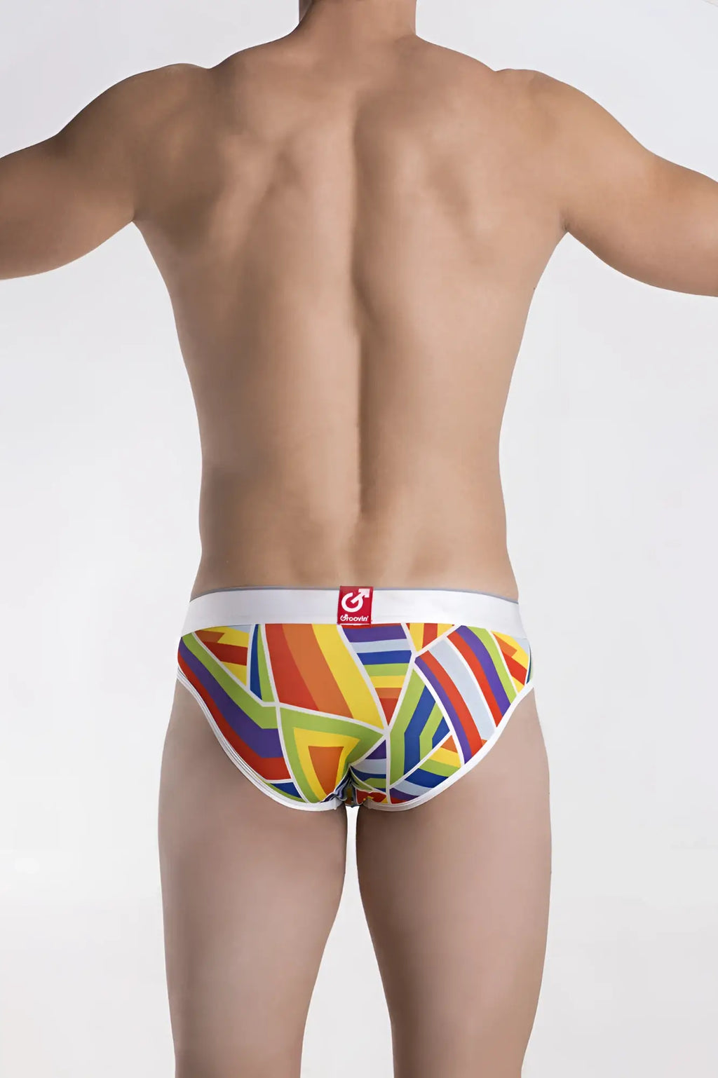 Groovin underwear prism hip brief BFP1701 vibrant rainbow geometric patterned briefs with white elastic waistband