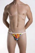 Groovin Underwear prism string bikini vibrant geometric pattern rainbow hues with white waistband shown from back