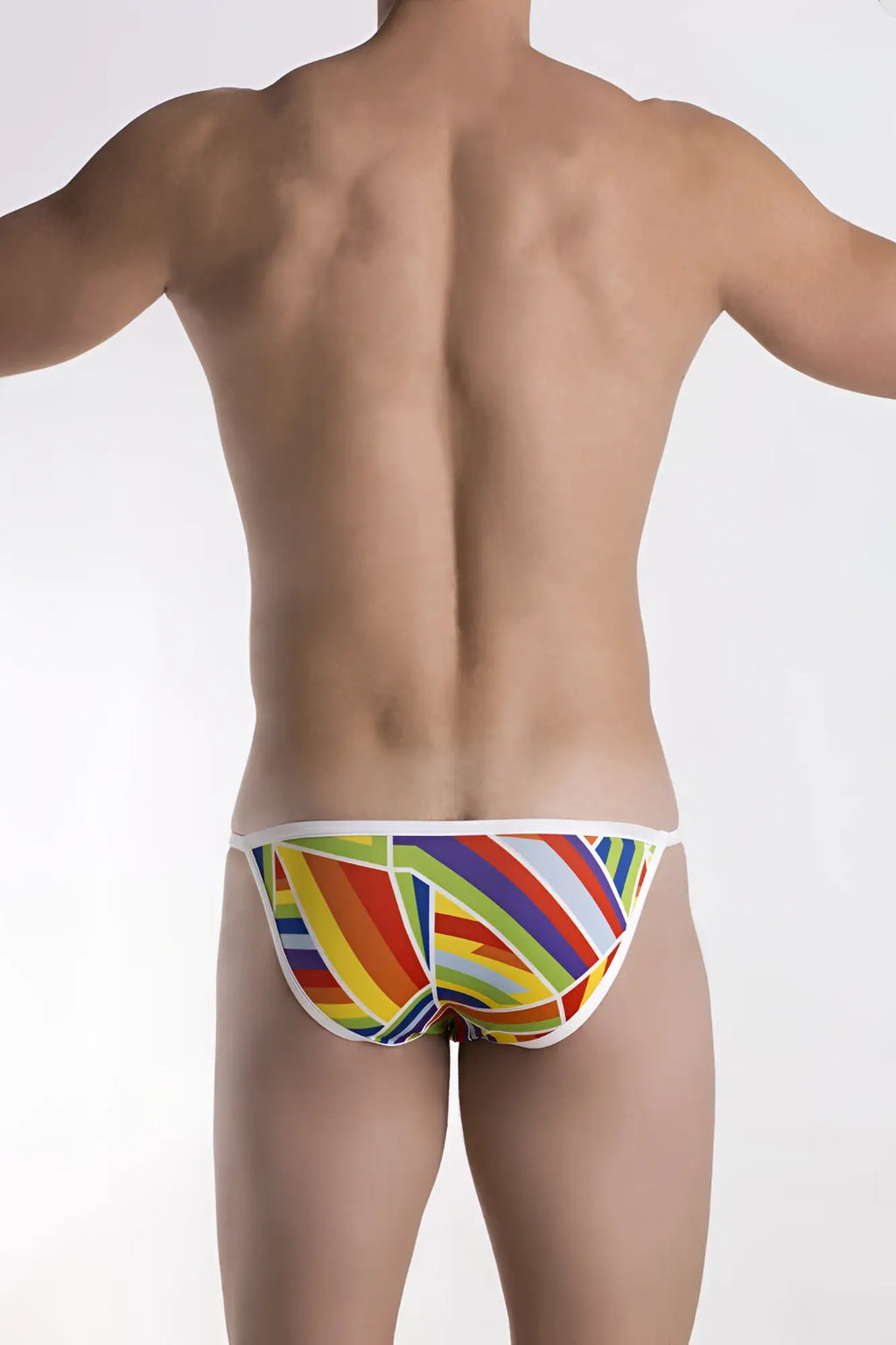 Groovin underwear prism string bikini with vibrant rainbow stripes and white trim in a brief style
