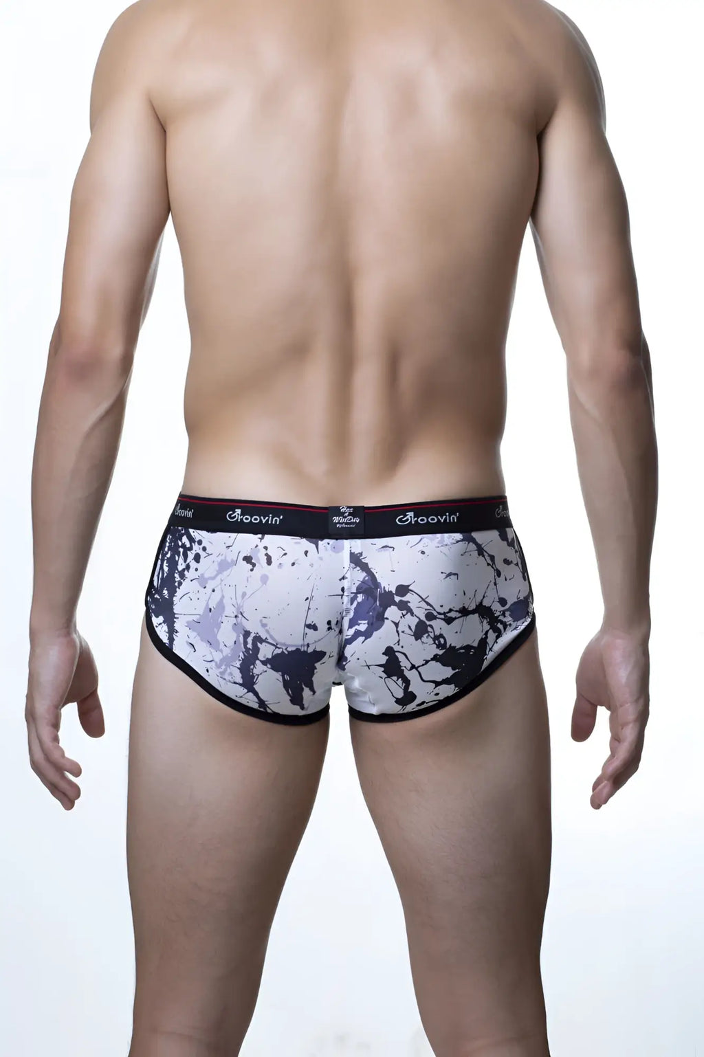 Men’s groovin underwear splatter art cup boxer black briefs with white and black pattern and dark waistband