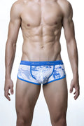 Blue and white splatter-patterned groovin underwear splatter art cup boxer briefs with blue elastic saoovin logo waistband