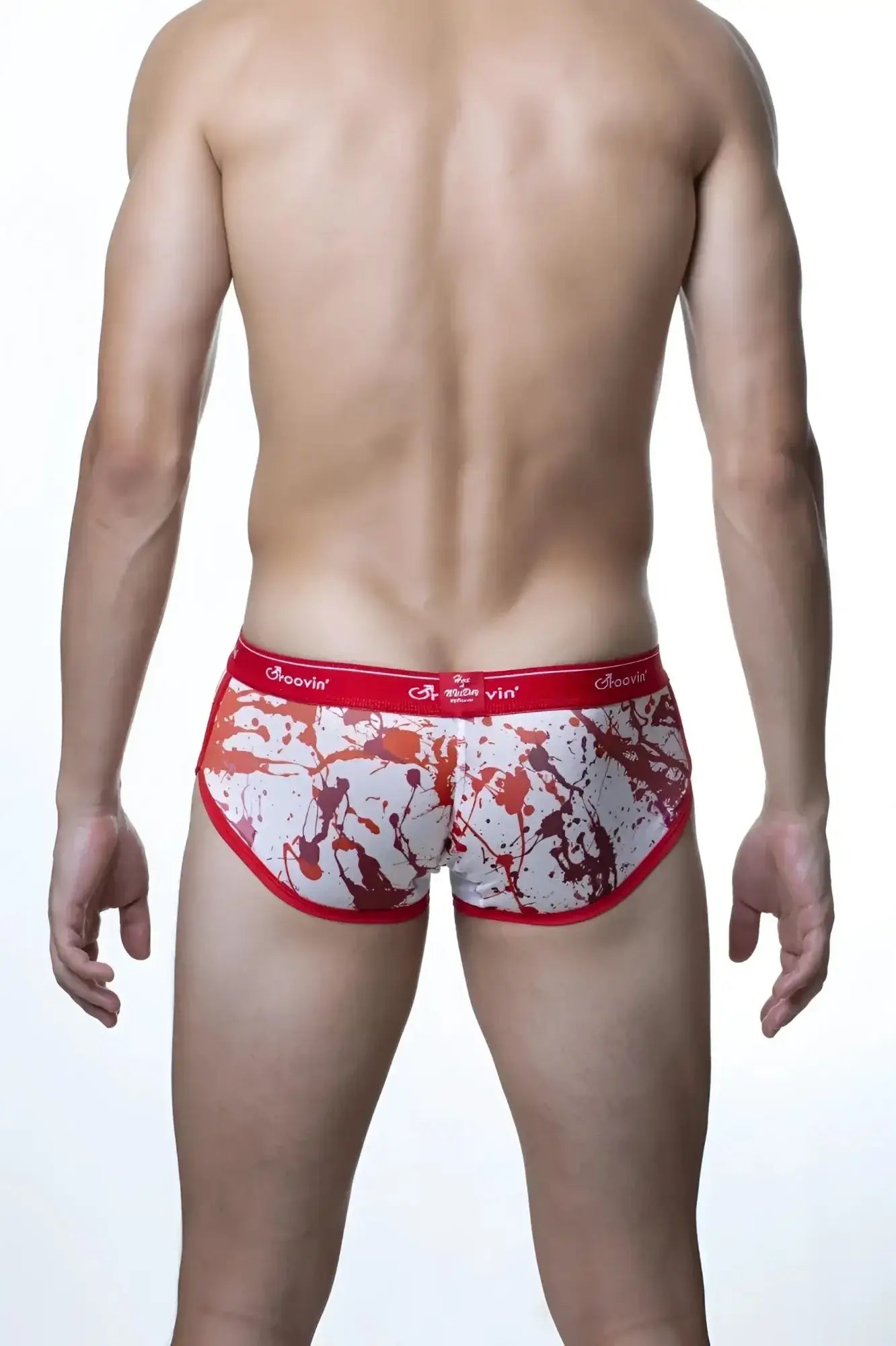 Groovin underwear splatter art cup boxer red cbp1809 red and white splatter patterned briefs with red arovinn waistband
