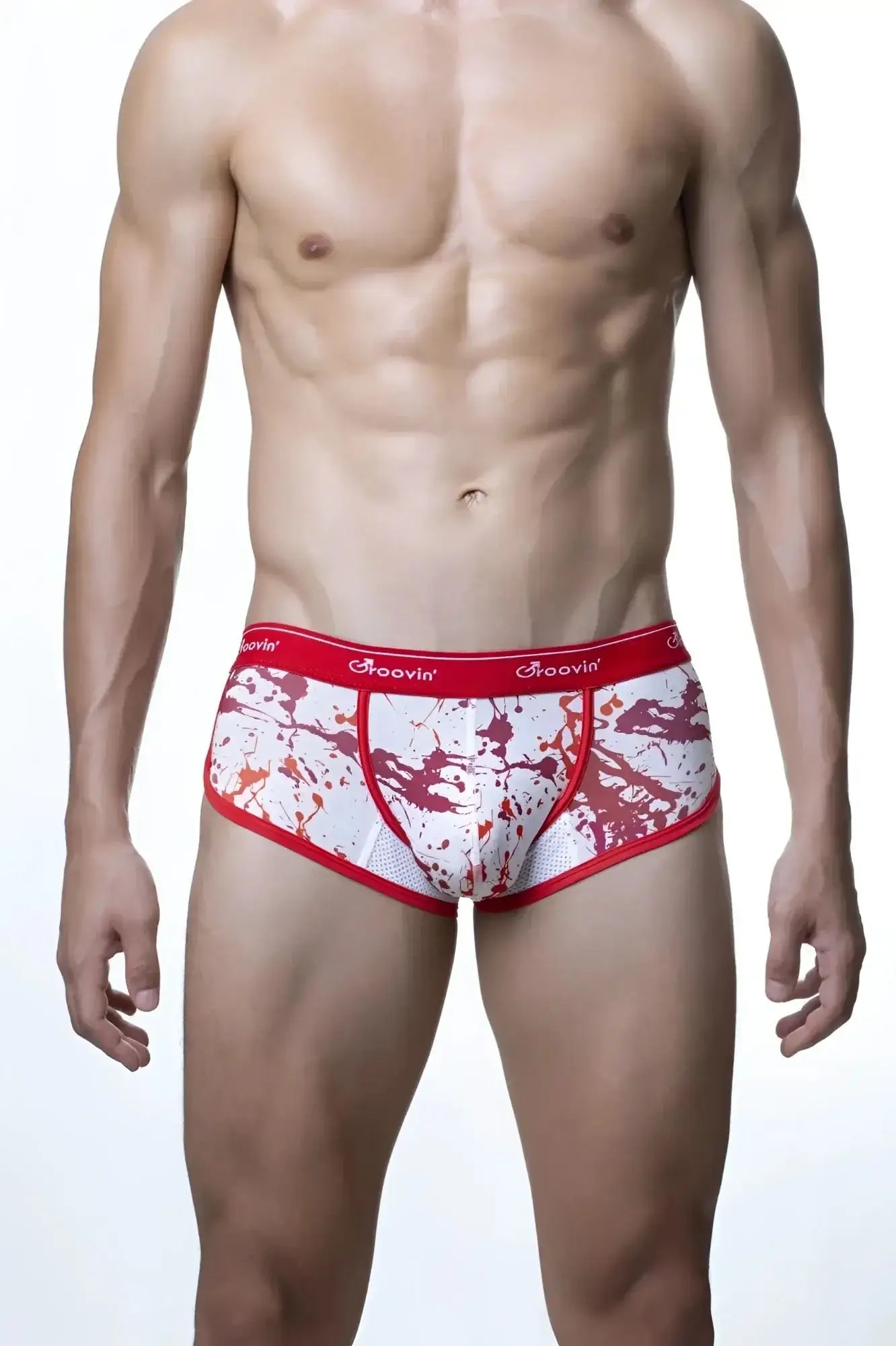 Men’s groovin underwear splatter art cup boxer in red and white with red elastic waistband and aaovin logo