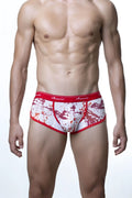 Men’s groovin underwear splatter art cup boxer in red and white with red elastic waistband and aaovin logo
