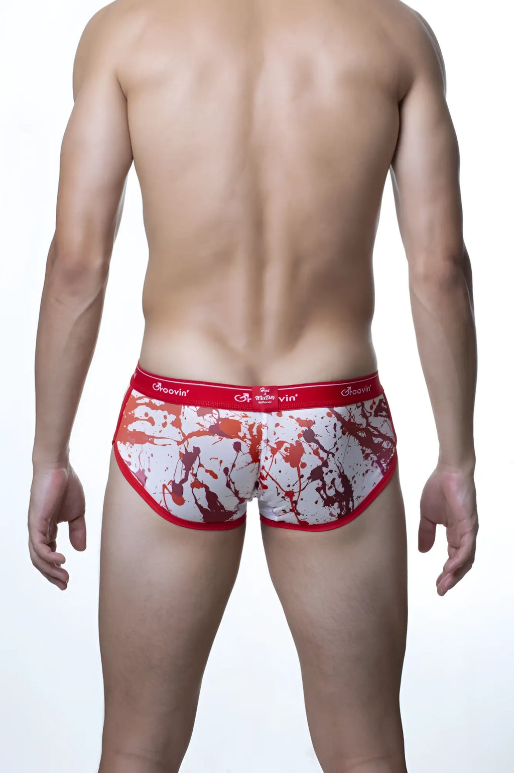 Groovin underwear splatter art cup boxer red cbp1809 red and white splatter patterned briefs with red arovinn waistband