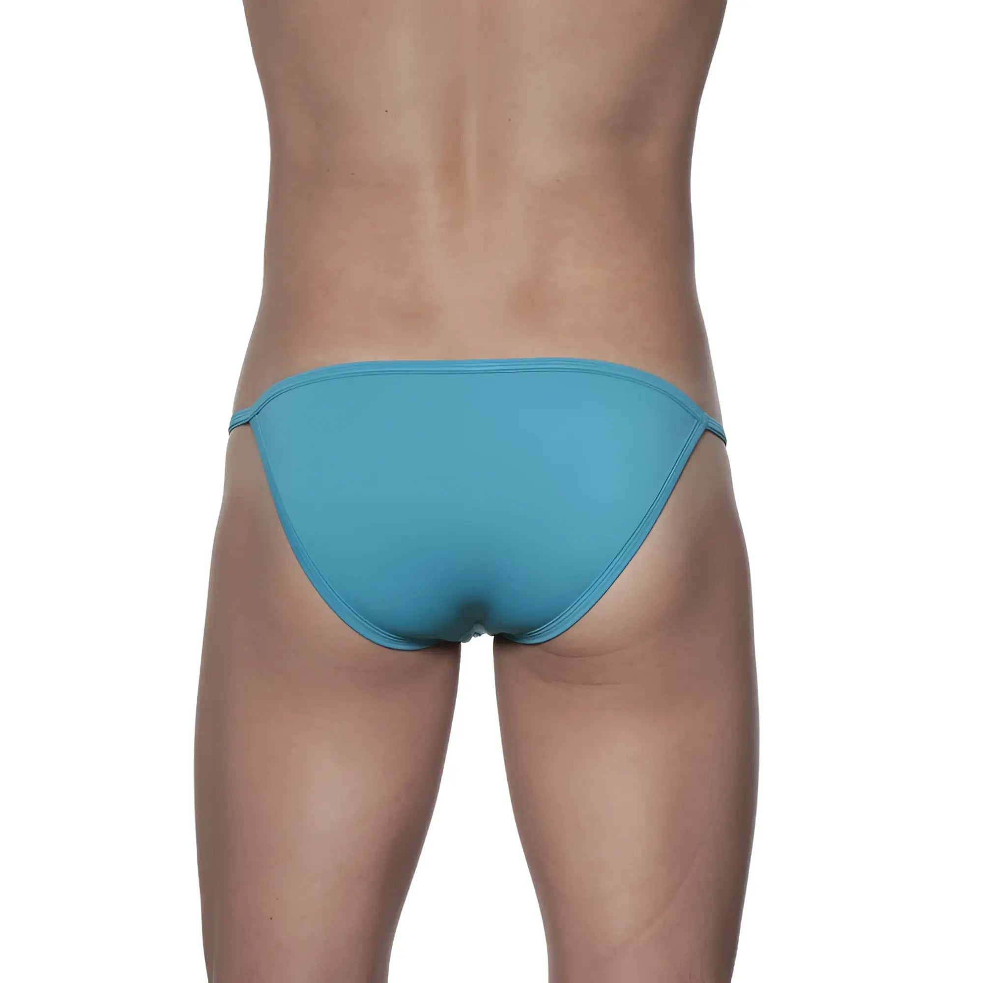 A sleek groovin string bikini cyan blue brief style swimsuit with smooth solid teal fabric finish