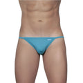 Teal-colored slim-fitting thong with subtle brand logo on waistband from groovin string bikini cyan blue st0111 collection