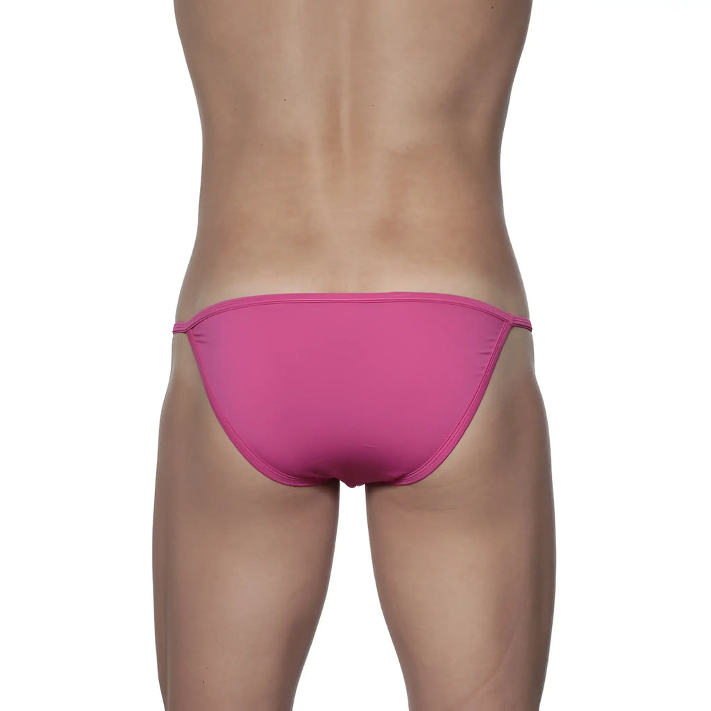 Bright pink form-fitting groovin string bikini with thin elastic waistband ideal for swimwear use