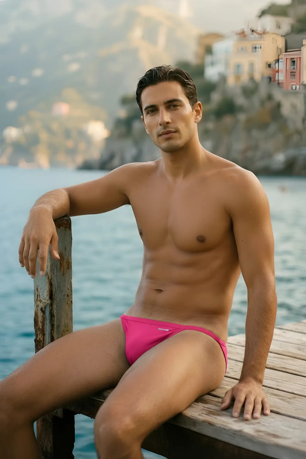 Bright pink groovin string bikini swim trunks with subtle brand logo on left leg for stylish beachwear