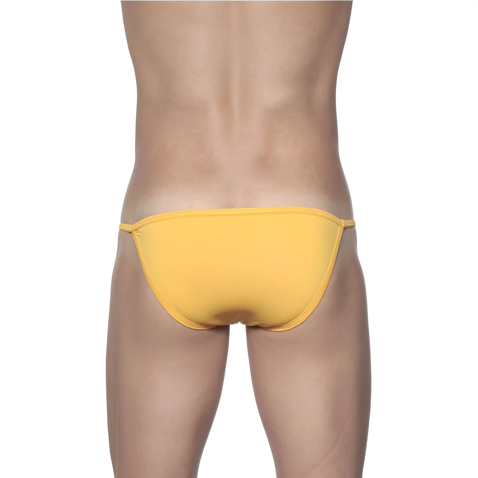 Yellow thong briefs groovin string bikini in golden yellow stretch fabric shown from the back side