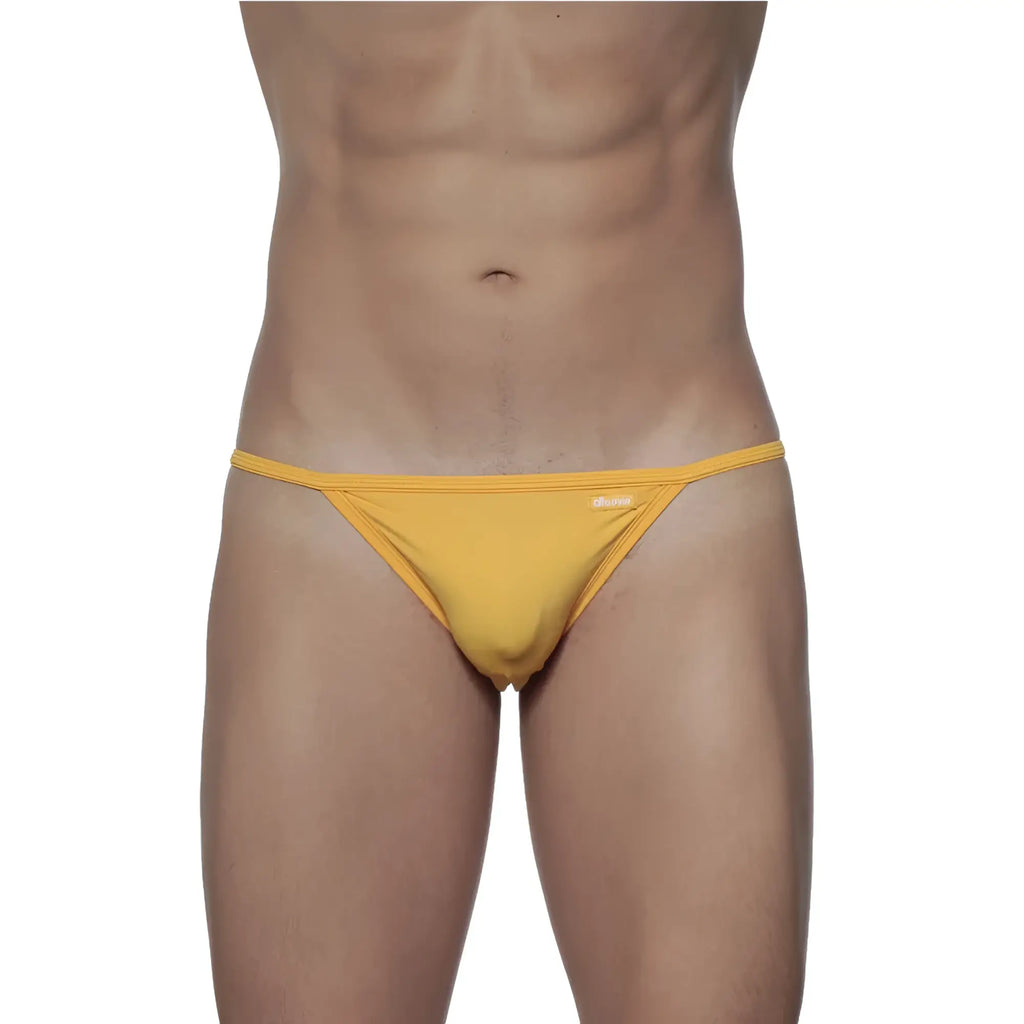 Yellow groovin string bikini thong made of smooth stretchy fabric with minimalist design and subtle sideband branding
