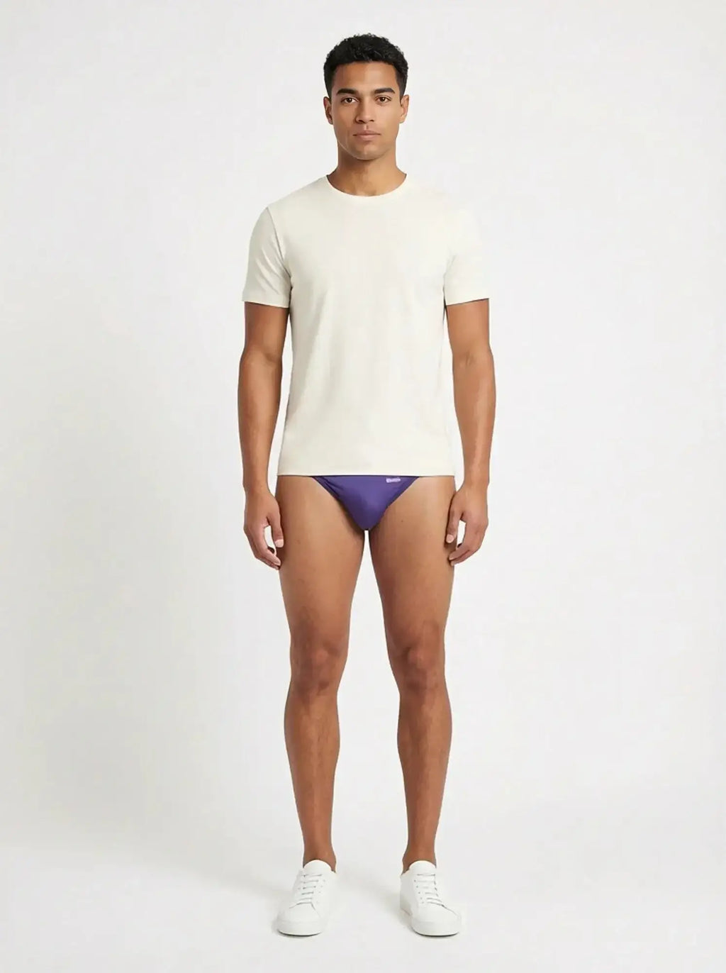 Purple groovin string bikini briefs with subtle logo on waistband indigo purple st0103 front view