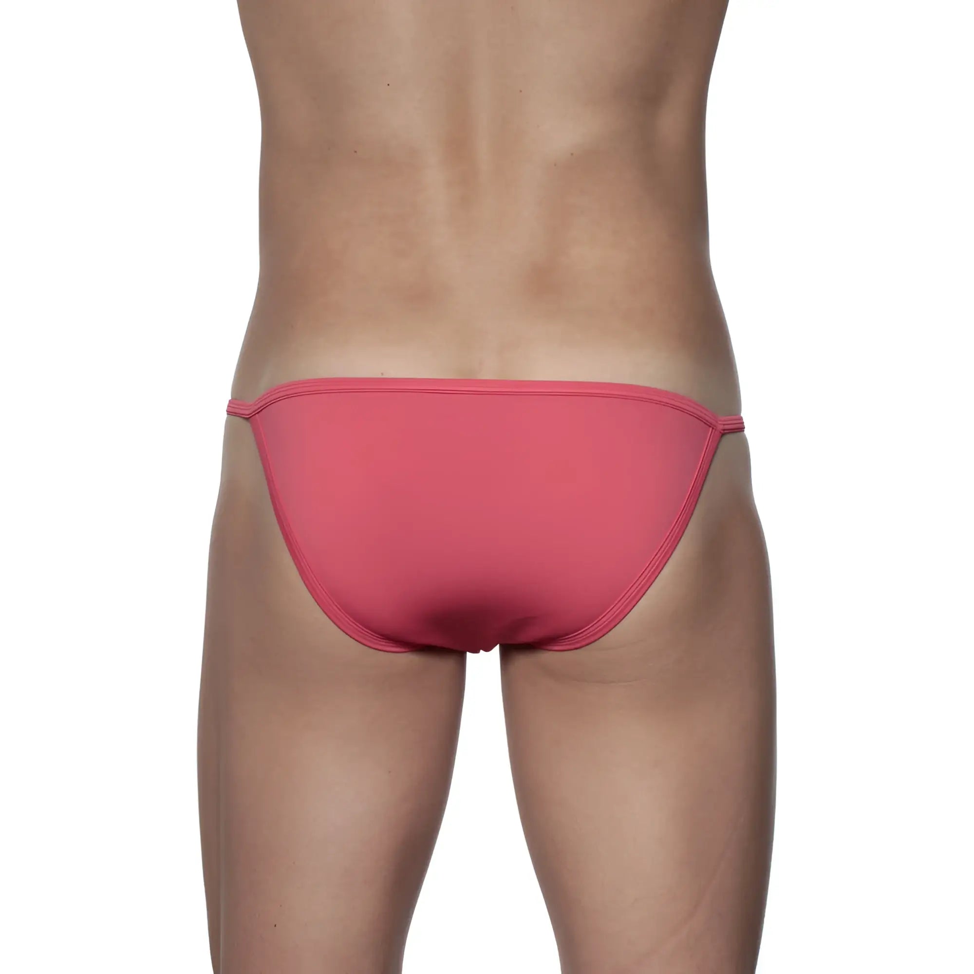 A sleek coral-pink groovin string bikini rouge red swim trunk with smooth fabric and thin side ties