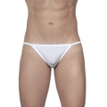 White minimalist thong made of smooth fabric with subtle groovin brand logo on the waistband
