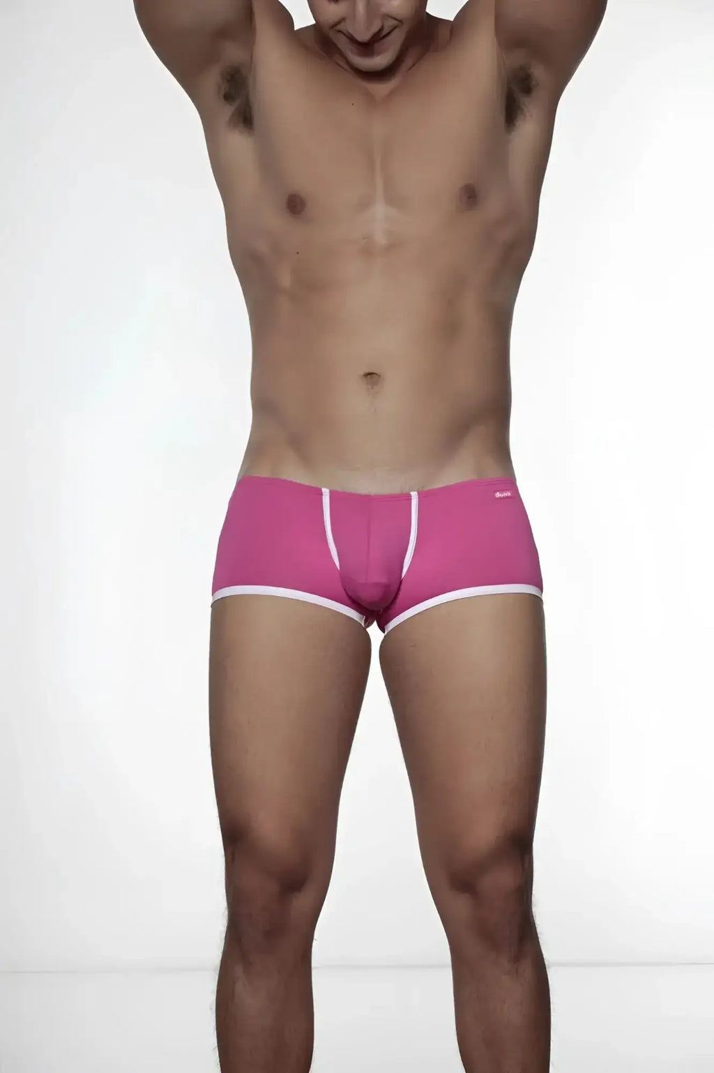 Bright pink groovin underwear super extra low cut boxer briefs with white trim and logo on waistband